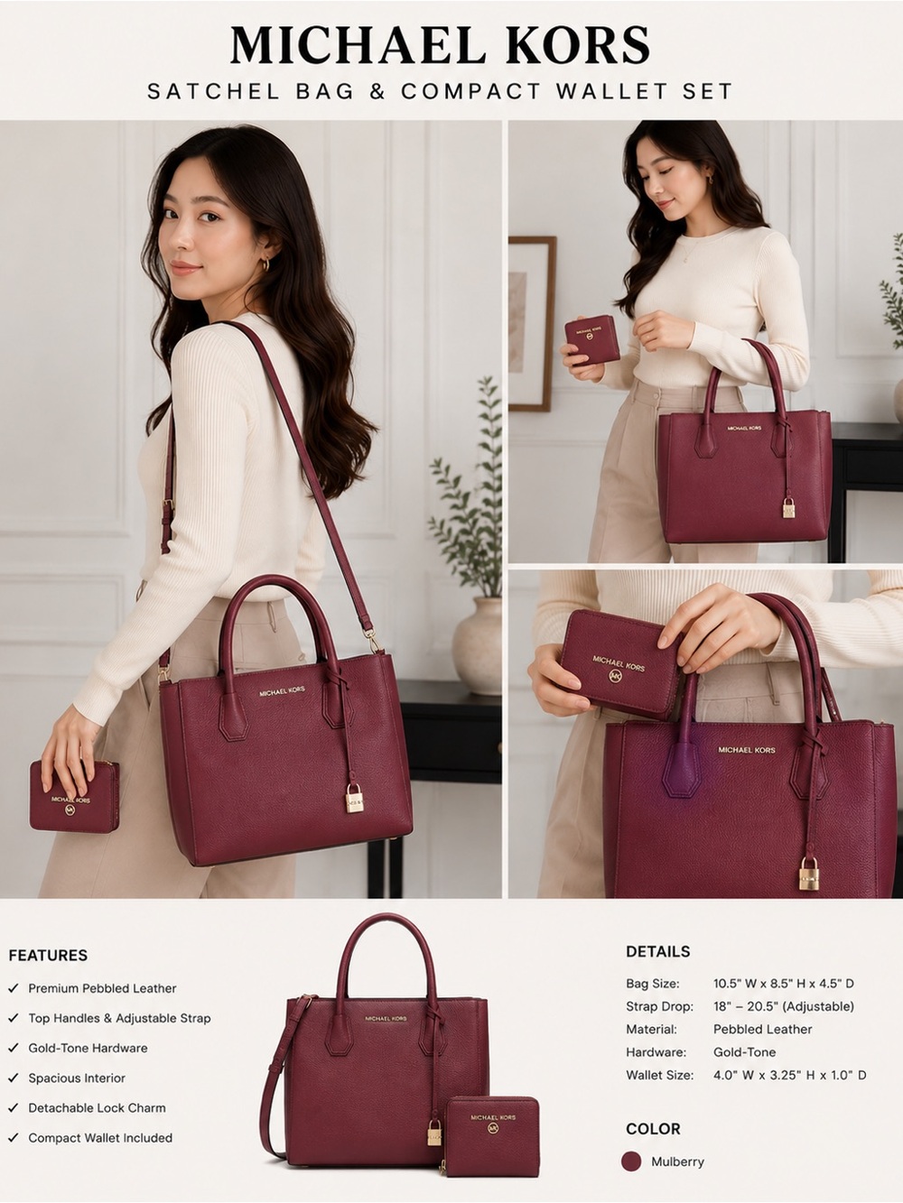 Michael Kors Burgundy Pebbled Leather Satchel with compact wallet set